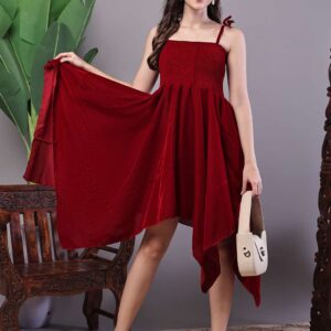 Women's Junglee Velvet Maroon Handkerchief Hem Dress